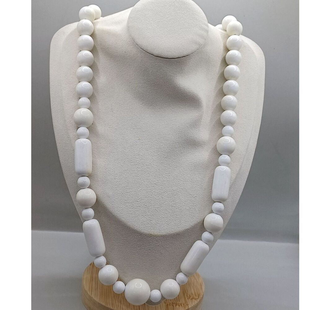 Vintage Summertime Necklace of Bright White Round and Oblong Beads Outdoor Party